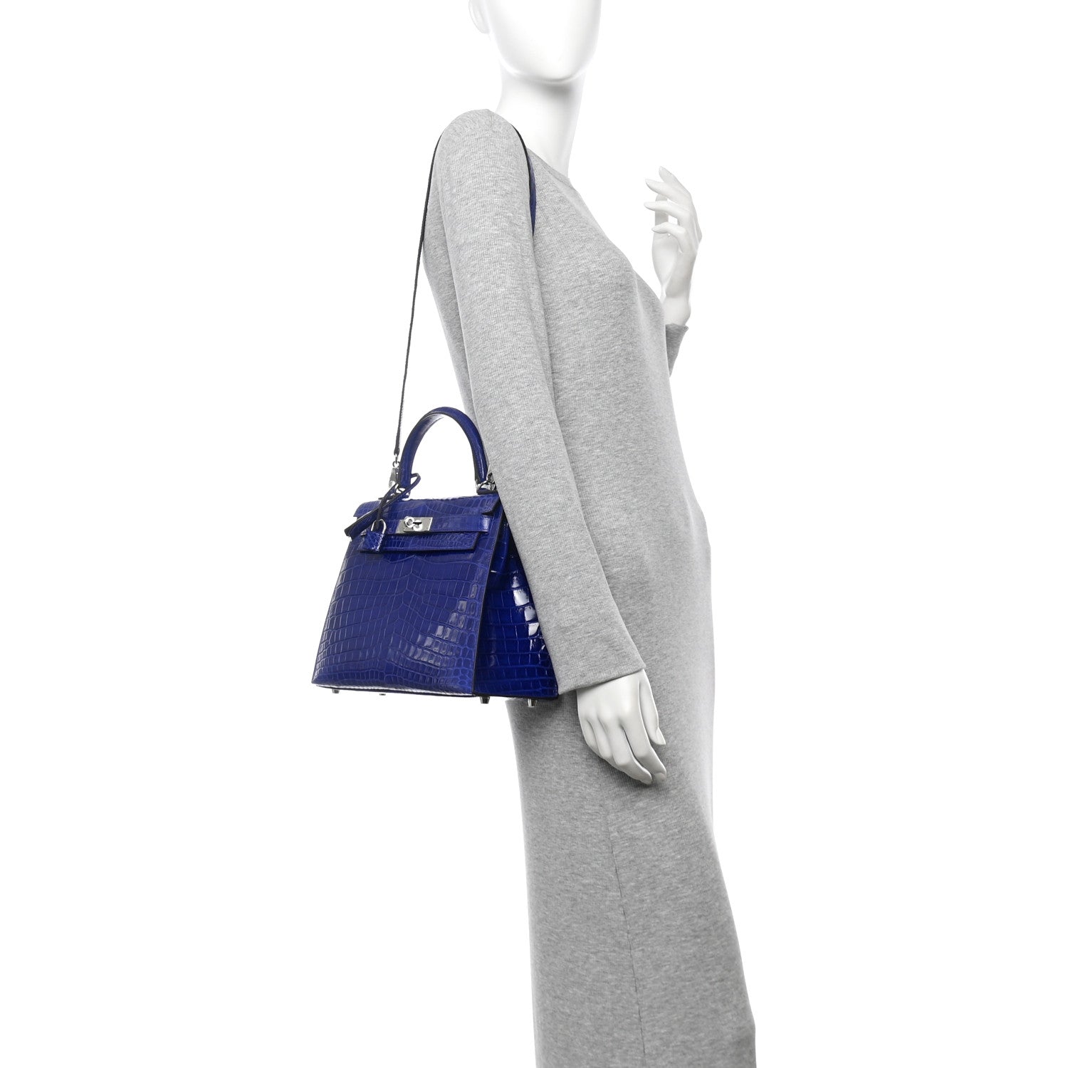 Hermes Shiny Niloticus Crocodile Kelly Sellier Bleu Electrique Handbag Travel Bag