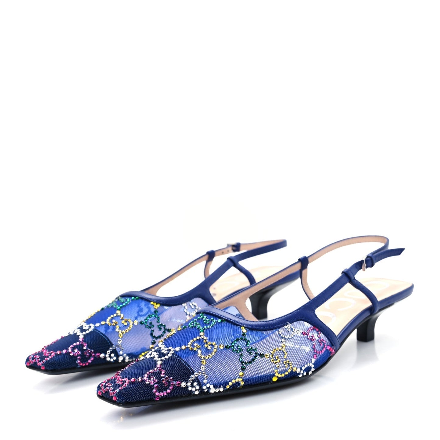 Gucci Tela Retino Nappa Charlotte Crystal GG Monogram Square G 35mm Slingback Pumps 35.5 Splash Net Blue Witch