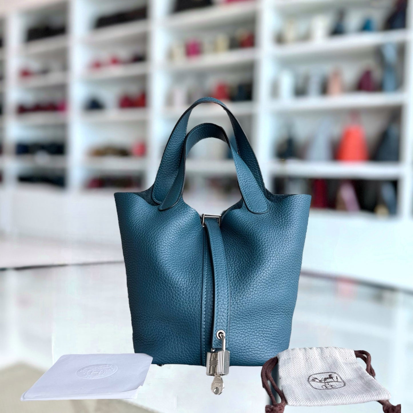Hermes Picotin Tc Clemence Colvert Palladium Hardware Handbag Leather Blue Silver Travel Bag