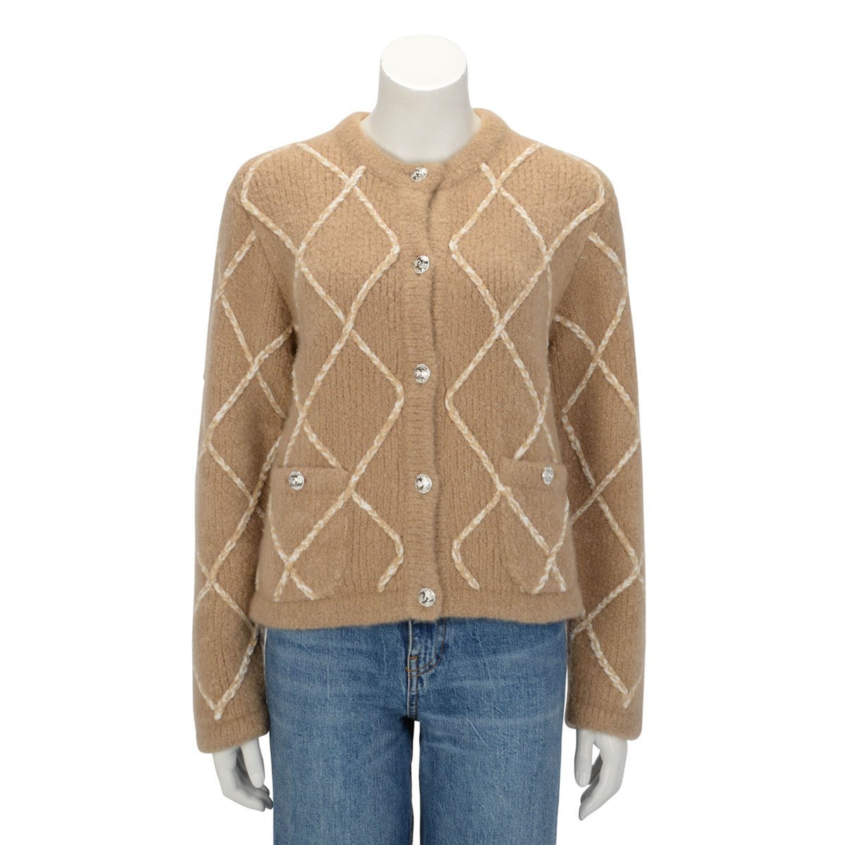 Chanel Beige Cashmere Diamond Quilted Cardigan Fr 40 Bag