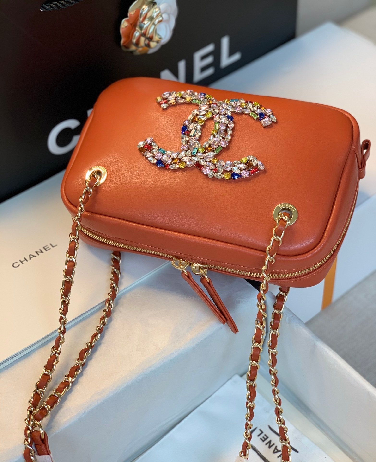 CHL Camera Cubic Diamonds 12.5cm Brown Handbag