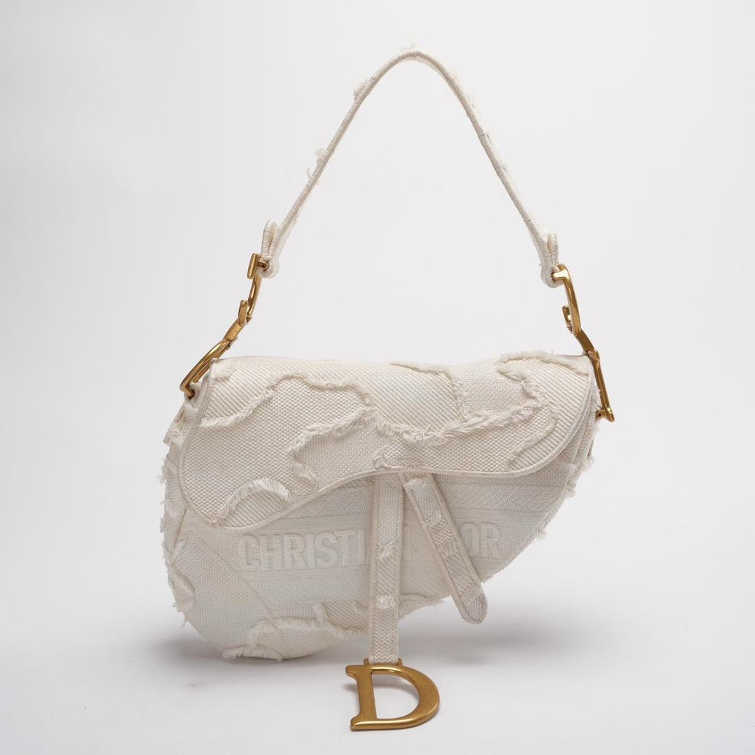 Dior Handbag Saddle Bag Camouflage with Hardware Canvas White Gold