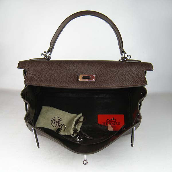 Hermes Luxury Kelly Cm Togo Dark Coffee Handbag Leather Silver Travel Bag