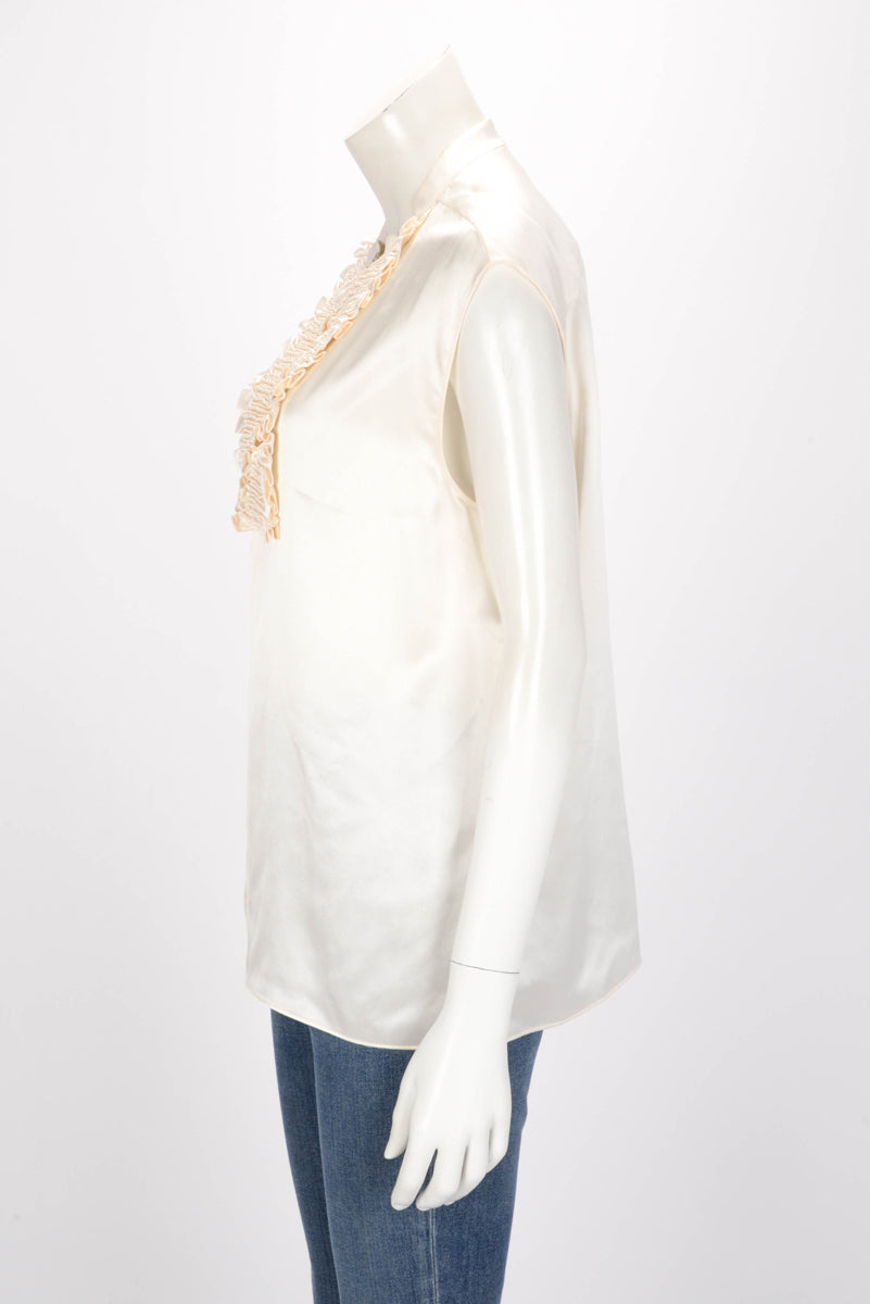 Chanel Ecru Silk Ruffled Sleeveless Top Fr 40 Bag