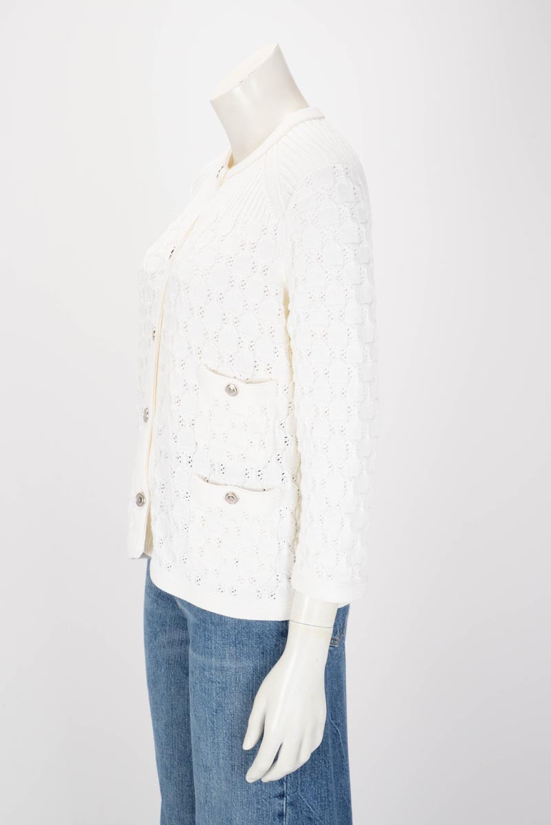 Chanel White Crochet Knit Four Pocket Cardigan Fr 48 Bag