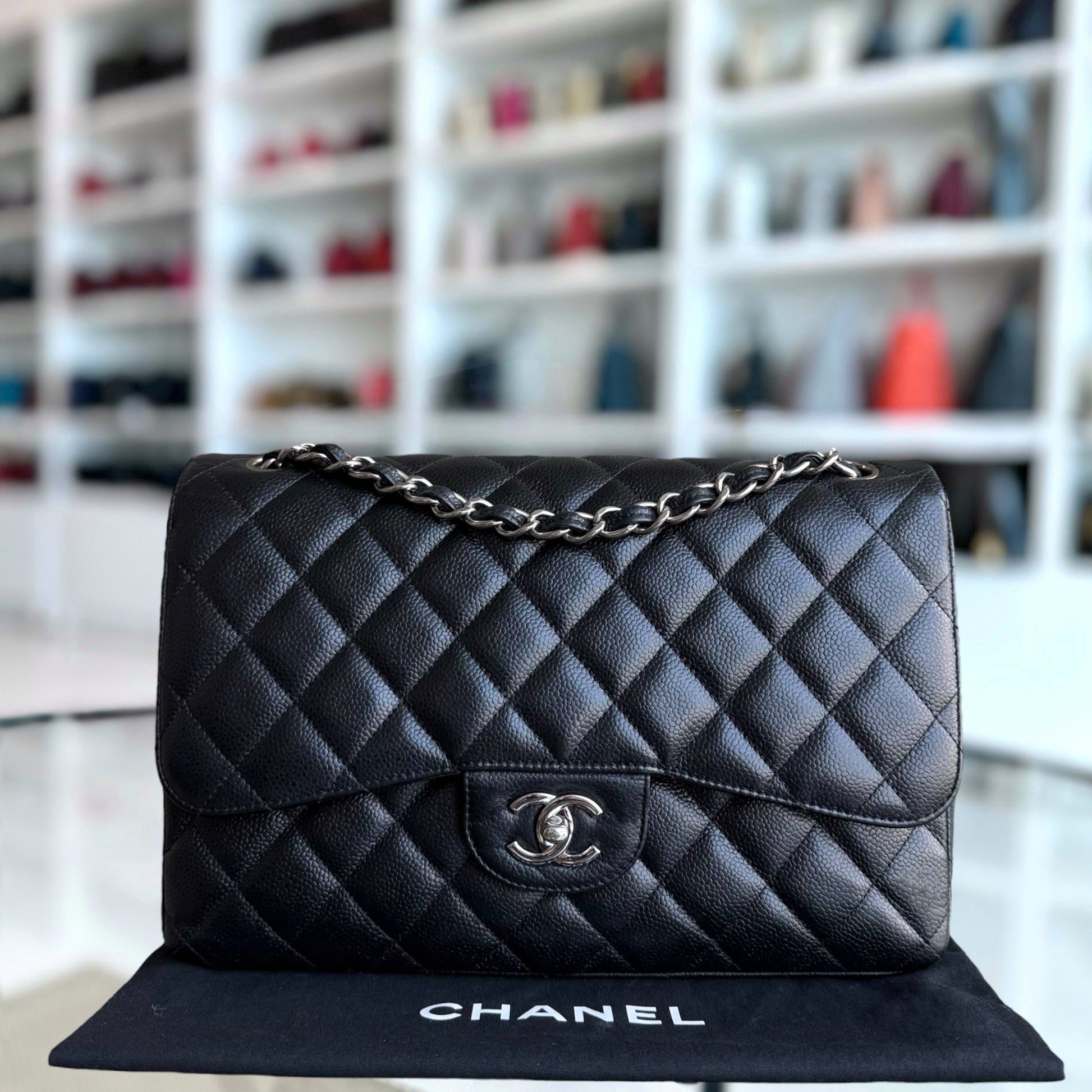 Chanel Classic Flap Jumbo - Caviar 30CM Double Flap Quilted Black Silver Hardware Series 18