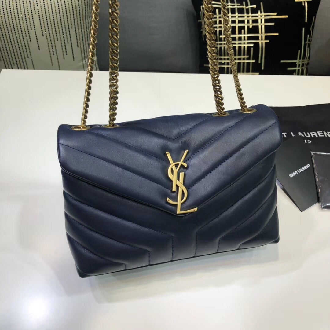 YSL Saint Laurent Loulou Lou Shoulder Bag Quilted Chain Blue For Women