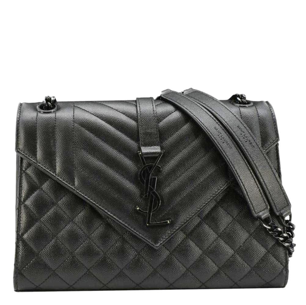 YSL Saint Laurent Yves Envelope Mixed Shoulder Bag Leather Matelasse Black