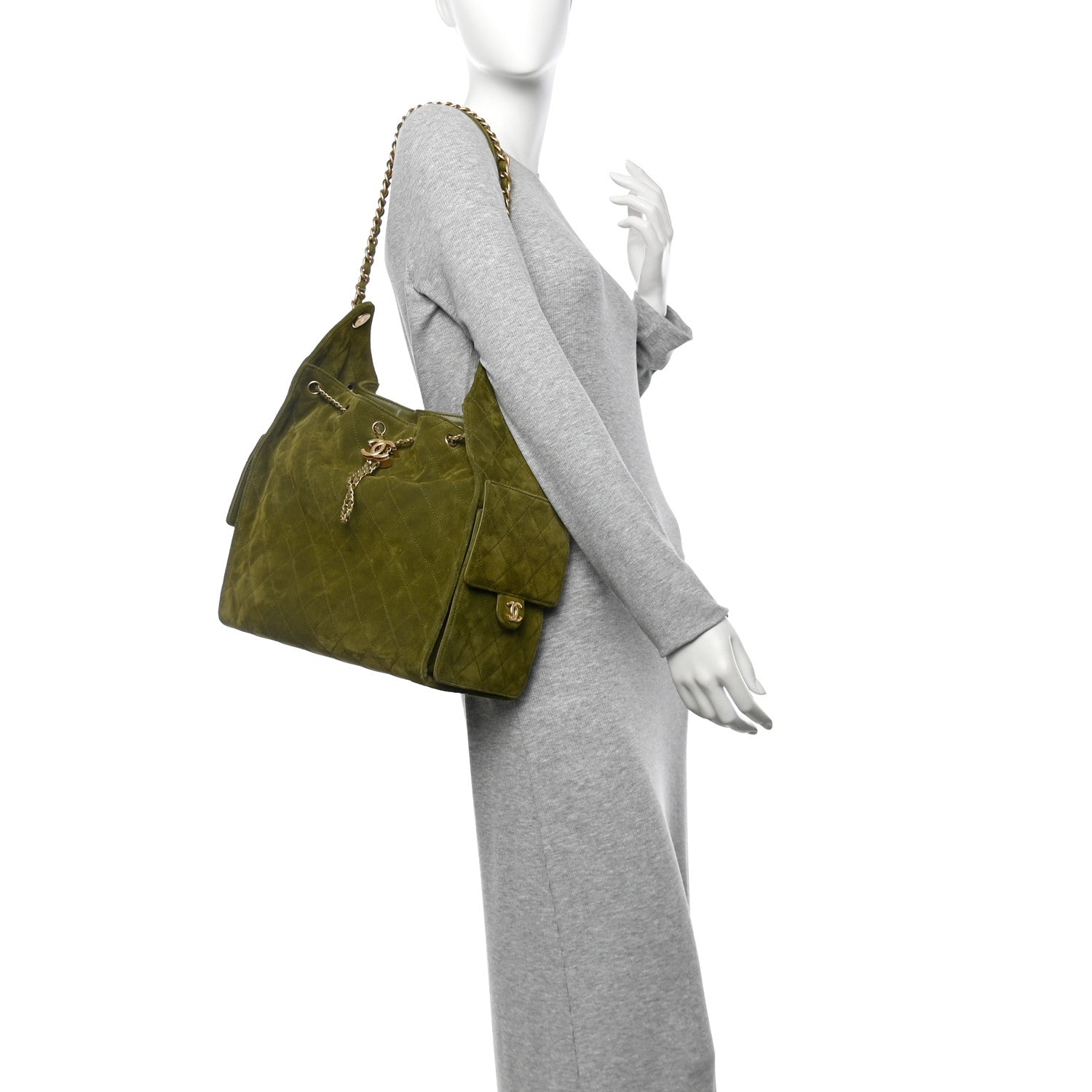 Chanel Suede Quilted Medium 25 Handbag Khaki