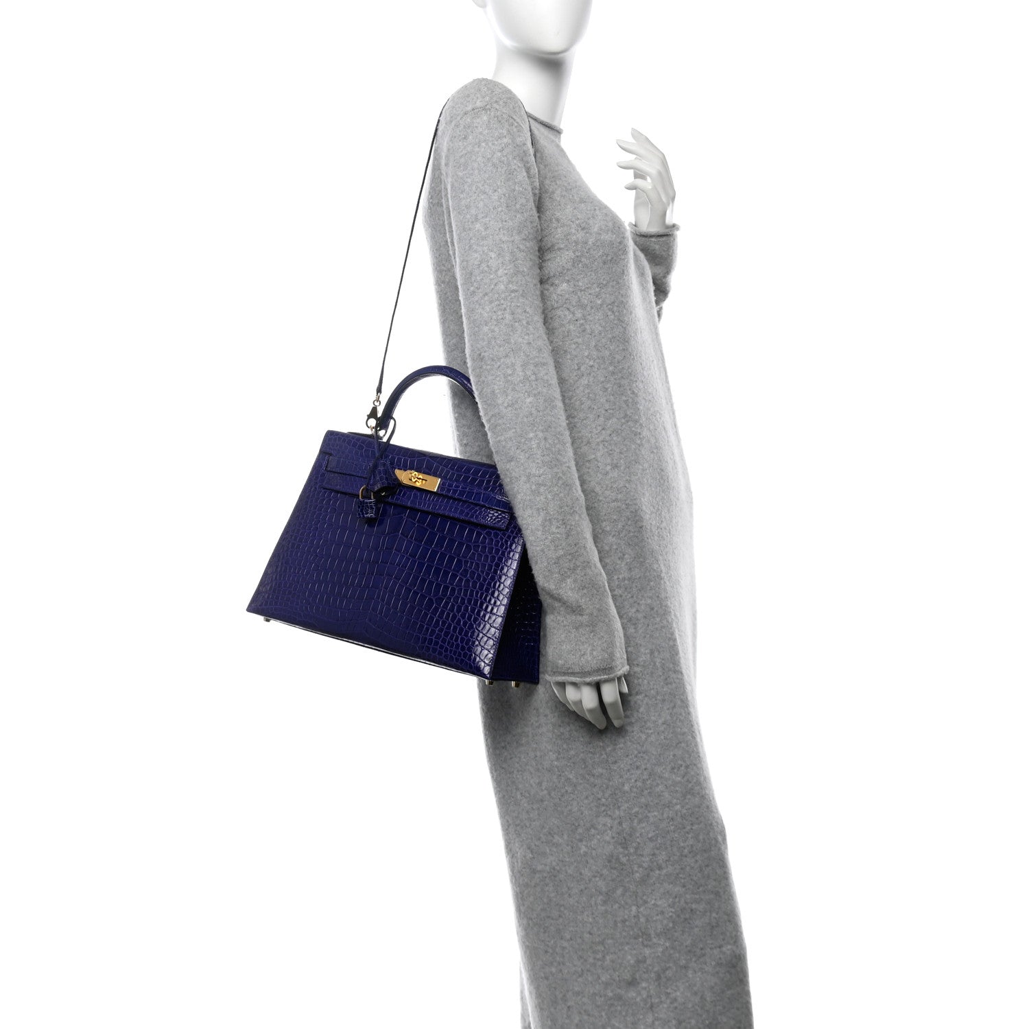 Hermes Shiny Porosus Crocodile Kelly Sellier Bleu Electrique Handbag Travel Bag