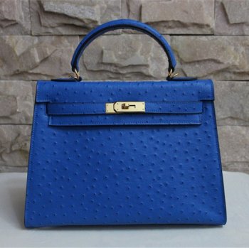 Hermes Luxury Kelly Cm Ostrich Vein Handbag Golden Blue Travel Bag