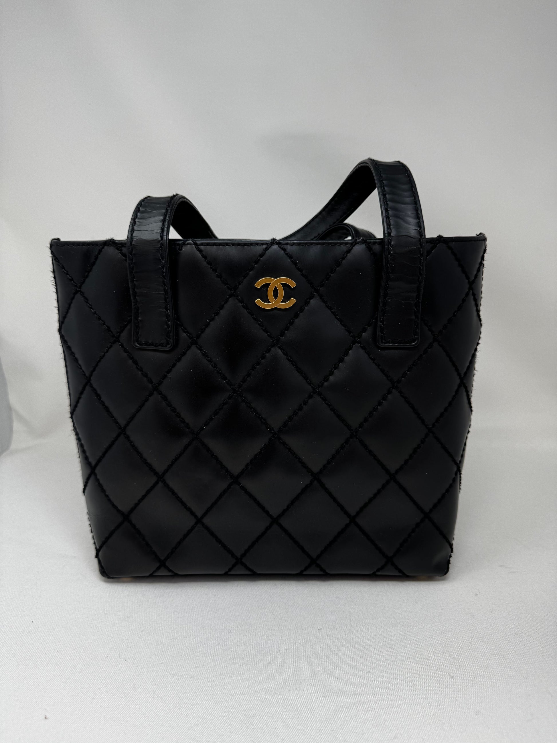 CHANEL Calfskin Quilted Small Surpique Stitch Tote Black B-