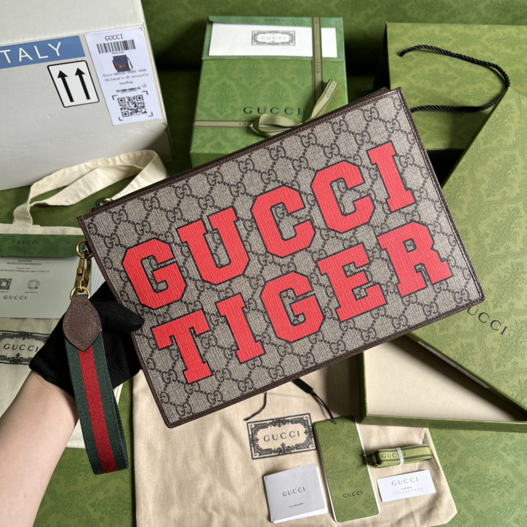 gg Tiger Supreme 11in 28cm Canvas Brown Clutch Bag