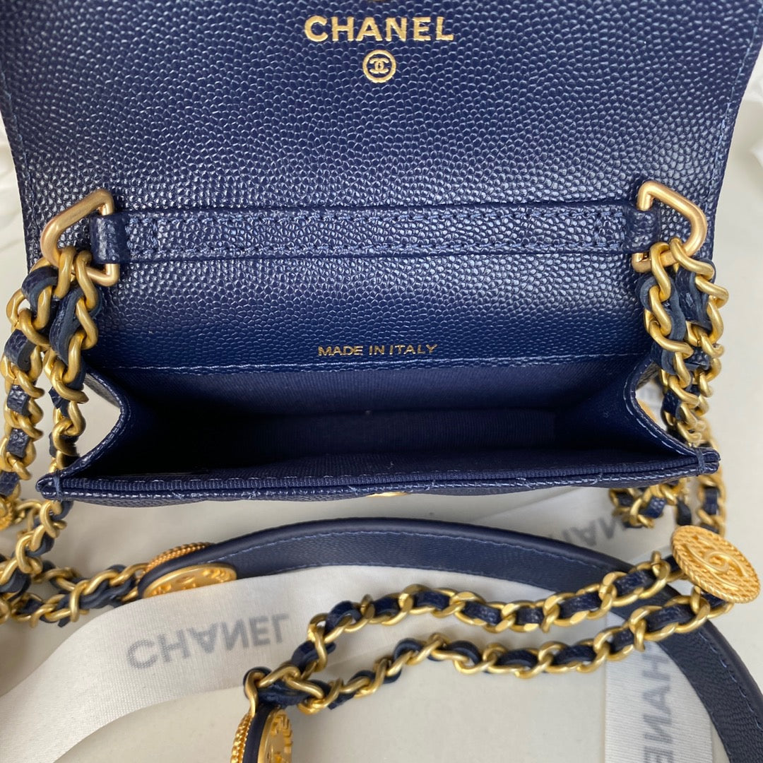 Chanel Clutch With Hardware Grained Shinny Navy For Blue Gold Shoulder Bag
