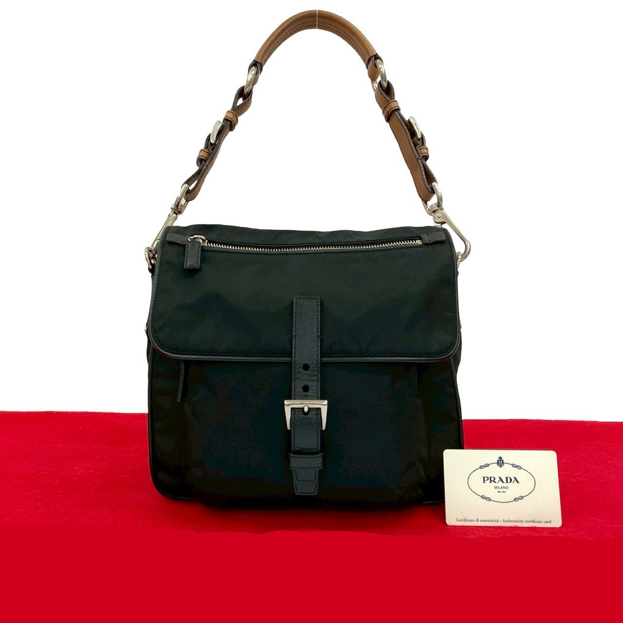 Prada 2Way Handbag Leather Nylon Saffiano Travel Bag