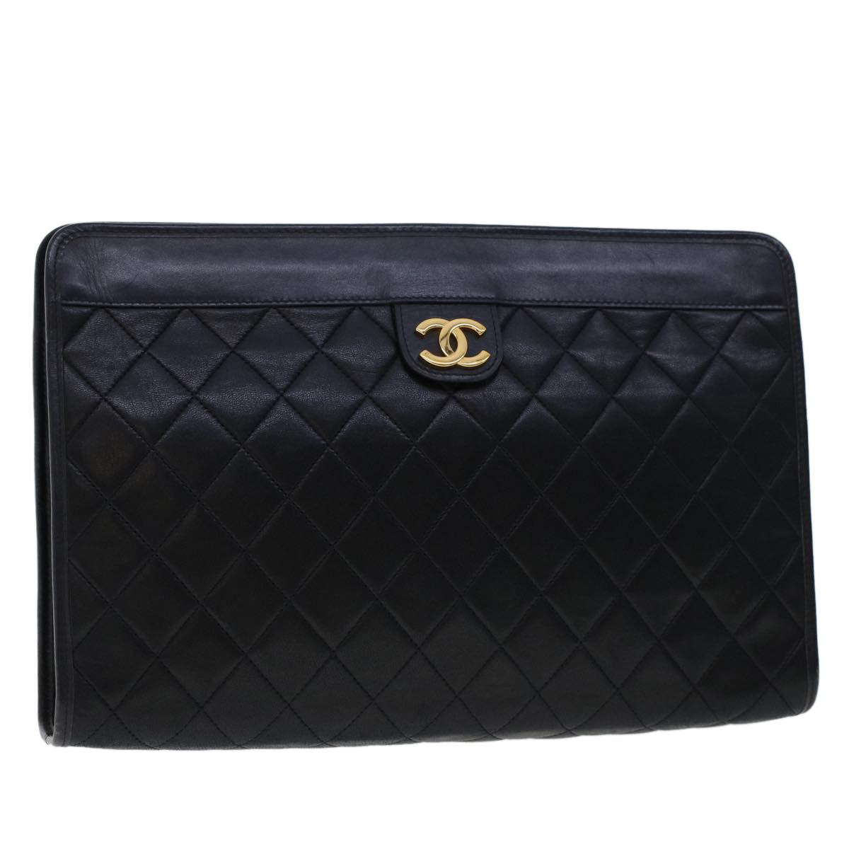 Chanel Clutch Bag Lamb Skin Black CC Auth am