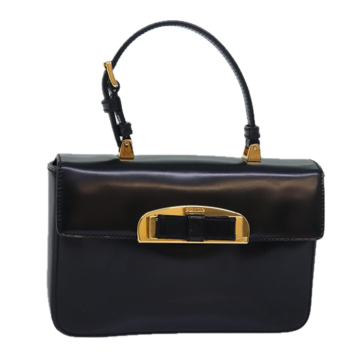 Prada Ribbon Hand Bag Auth Leather Patent Black Travel Bag