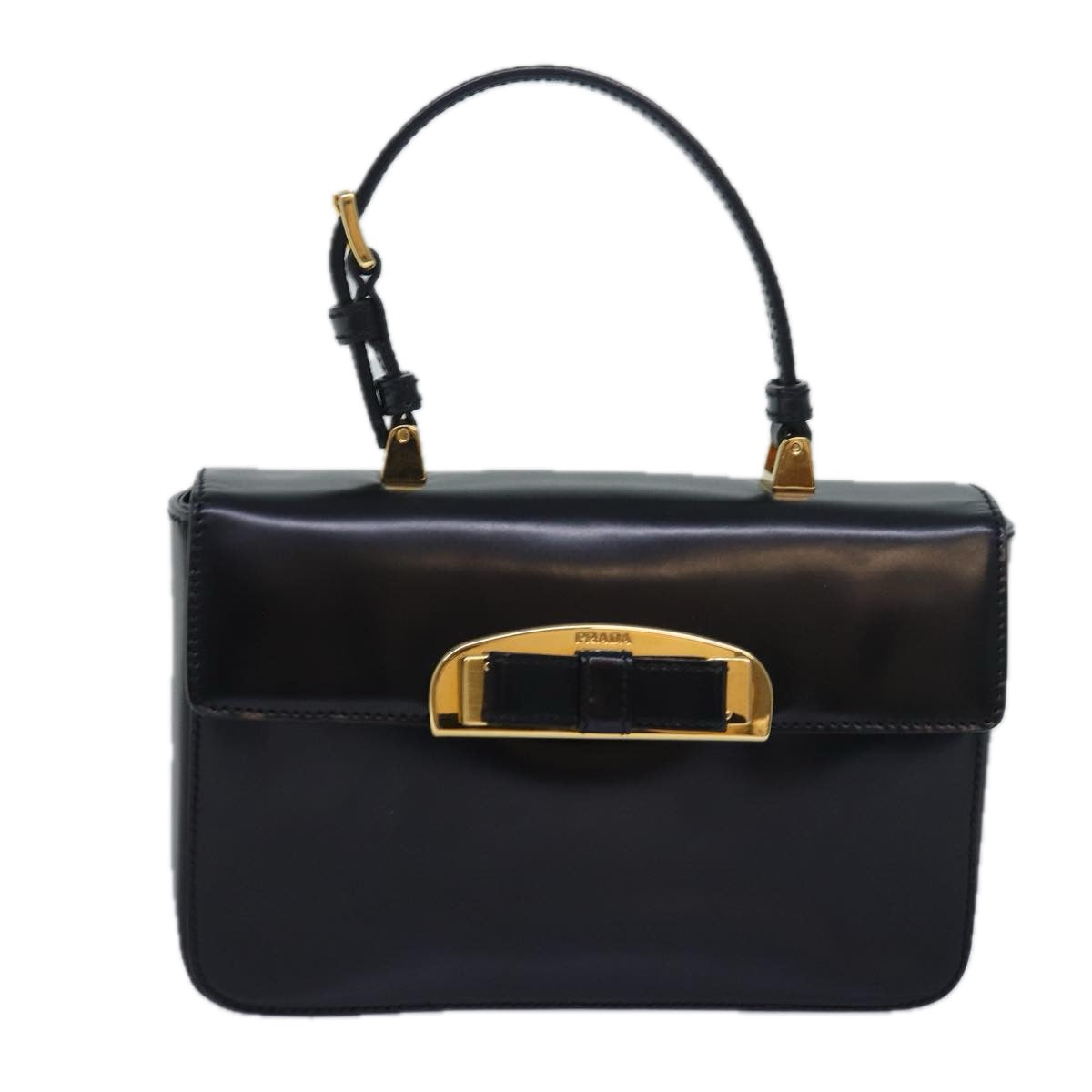 Prada Ribbon Hand Bag Auth Leather Patent Black Travel Bag