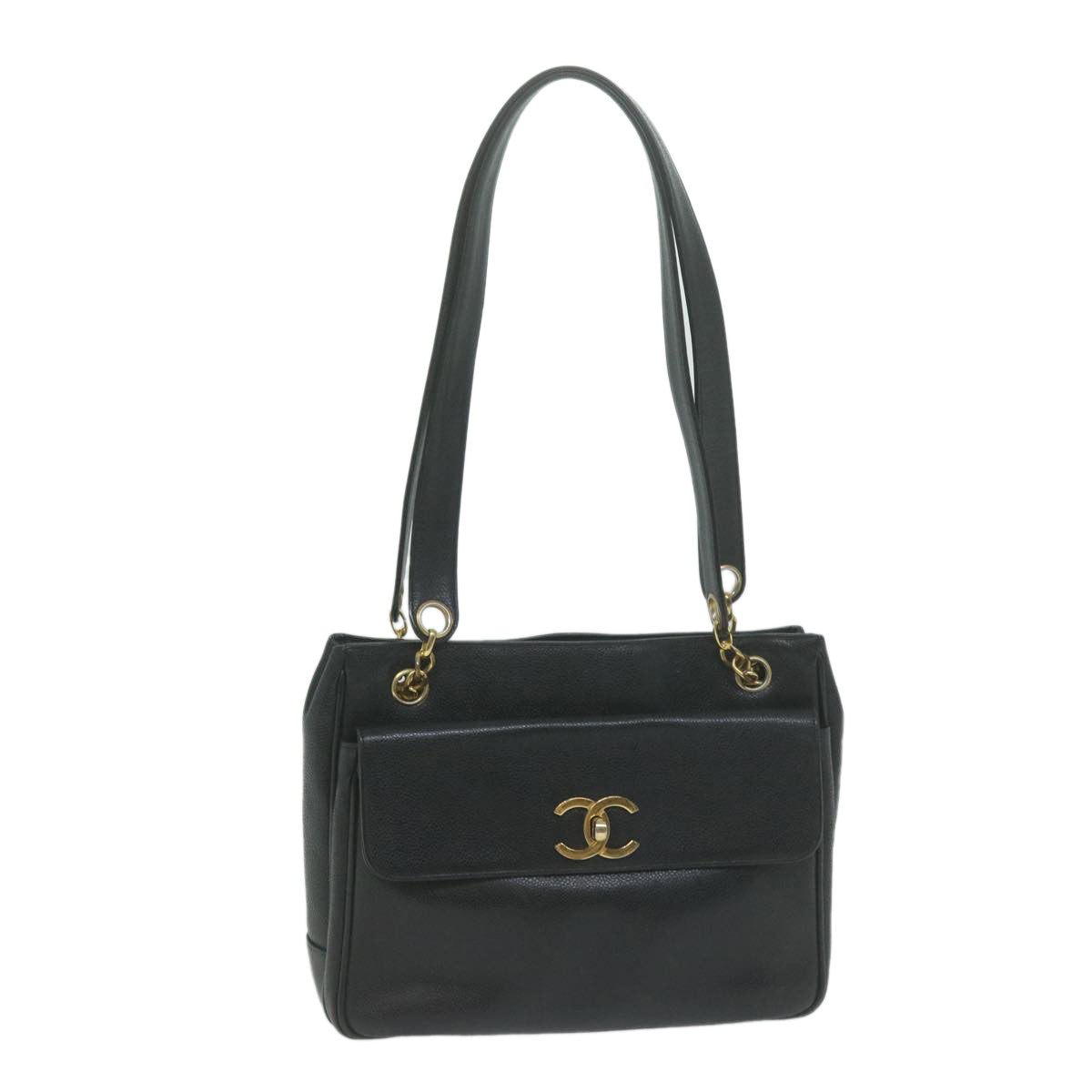 Chanel Chain Turn Lock Shoulder Bag Caviar Skin Black CC Auth ar