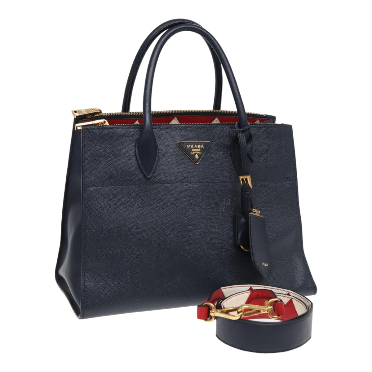 Prada Hand Bag Safiano 2Way Auth Leather Navy Travel Bag