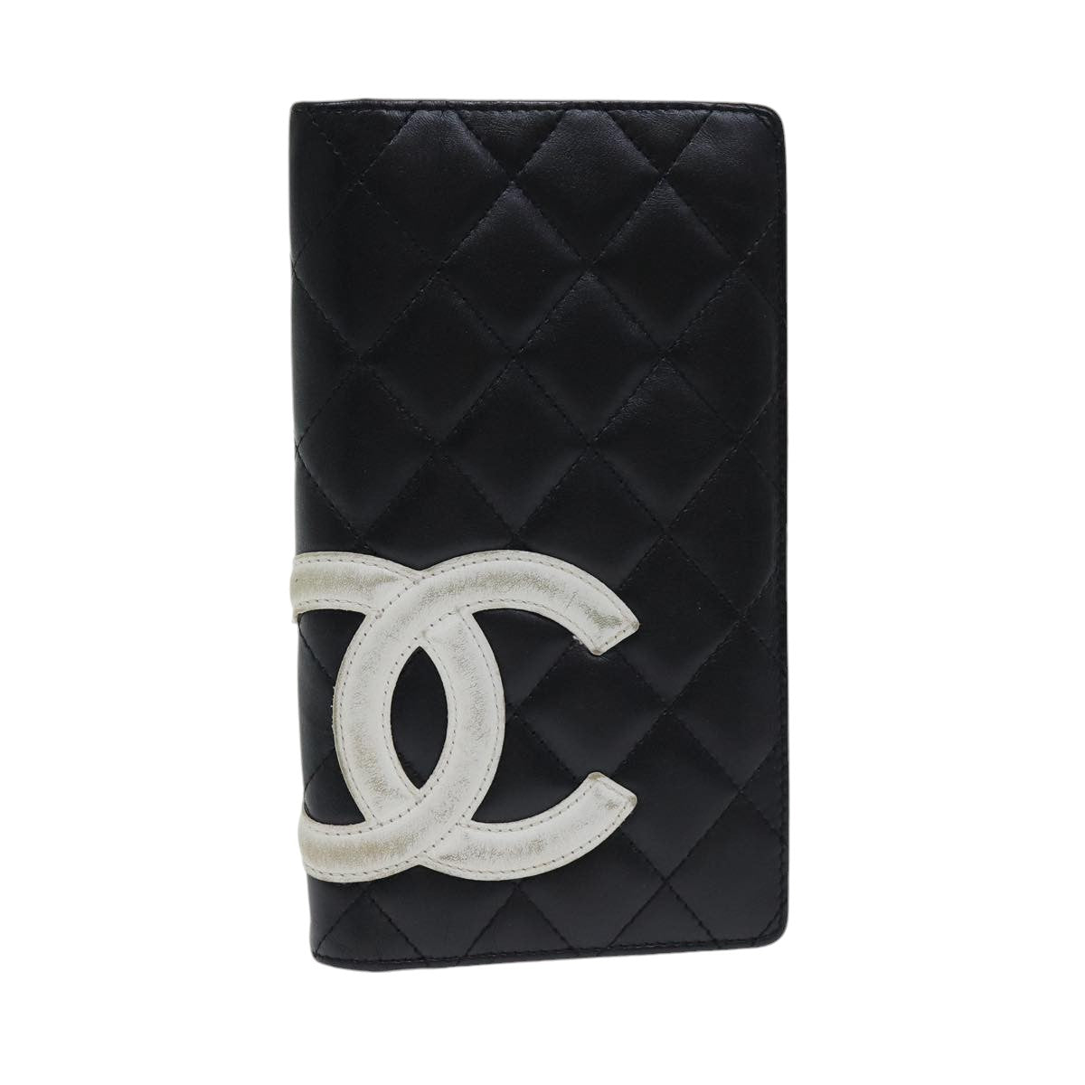 Chanel Cambon Line Wallet Leather Black Silver CC Auth ar