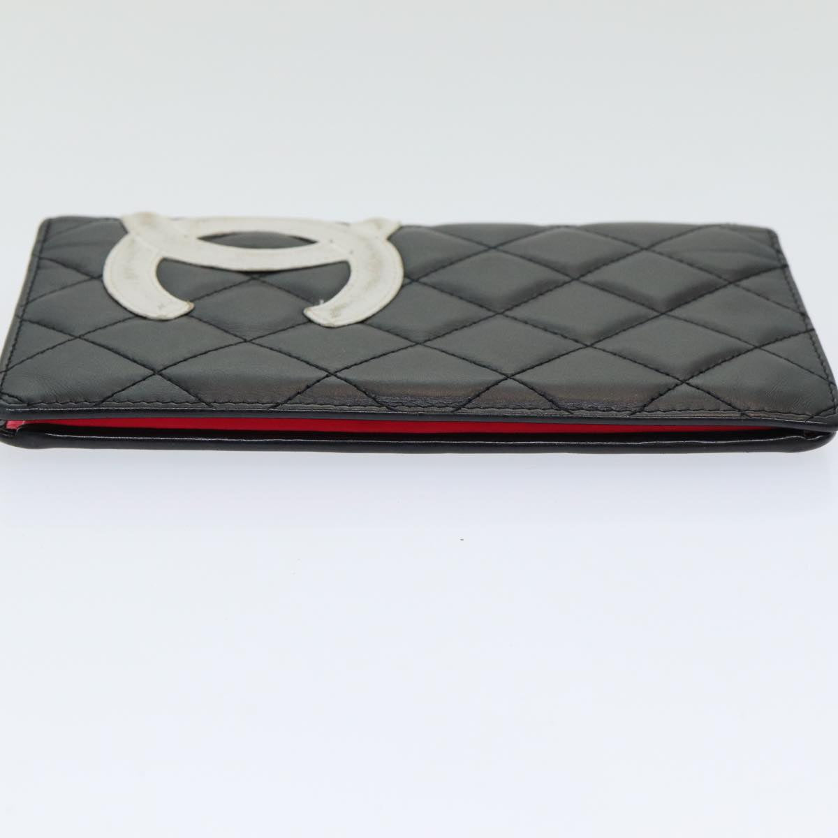 Chanel Cambon Line Wallet Leather Black Silver CC Auth ar