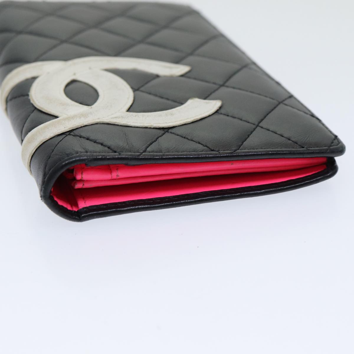 Chanel Cambon Line Wallet Leather Black Silver CC Auth ar