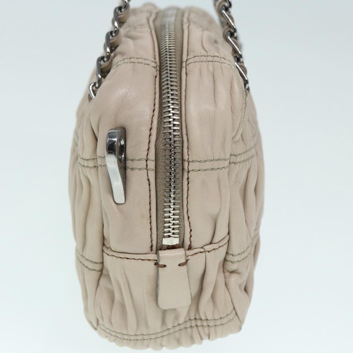 Prada Gathered Hand Bag 2Way Auth Leather Beige Silver Travel Bag