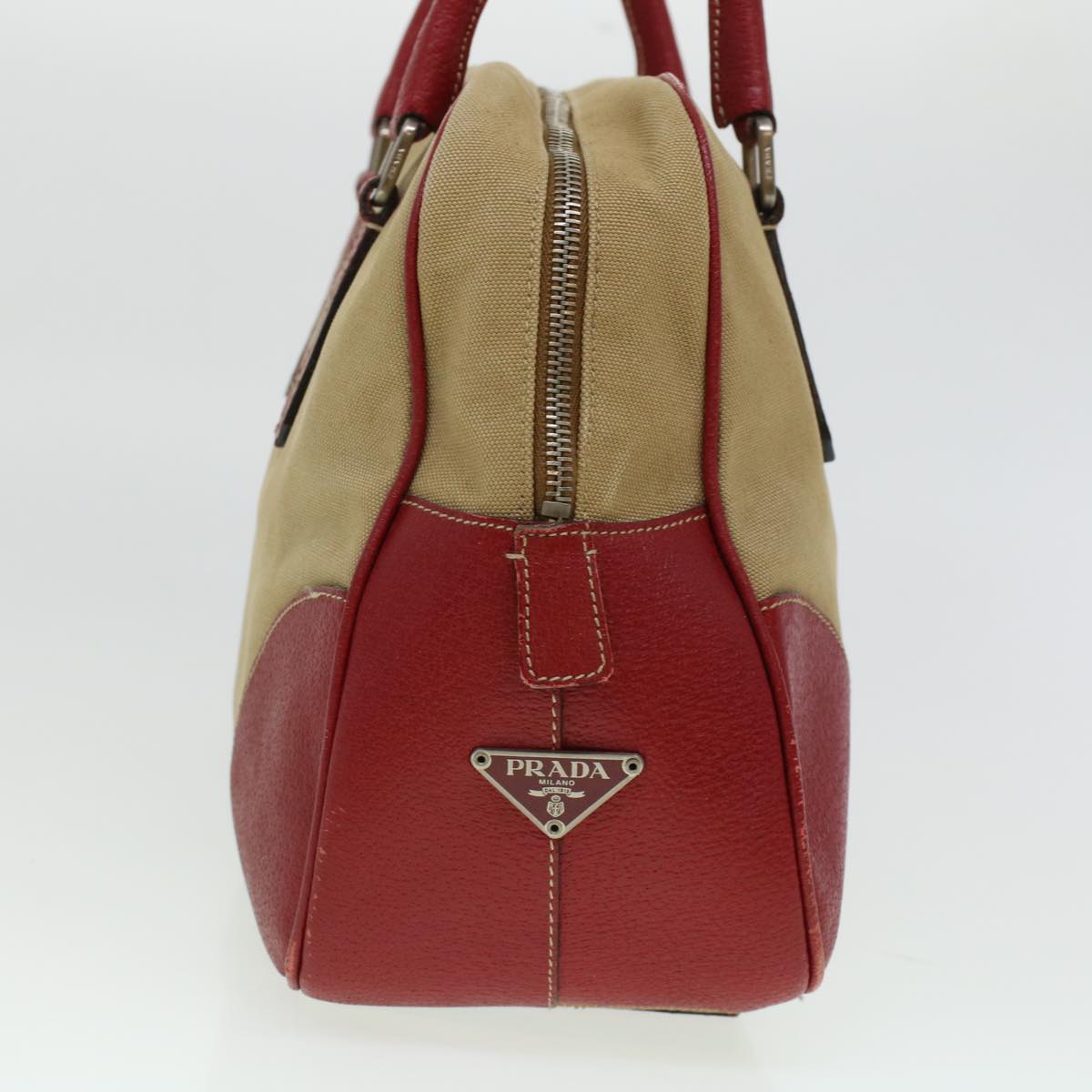 Prada Shoulder Bag Leather Canvas Beige