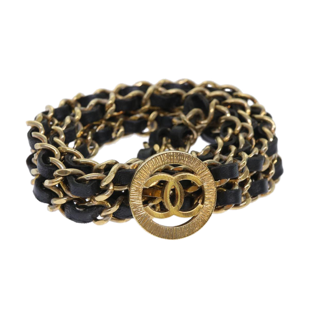 Chanel Chain Belt Metal Leather Gold Tone Black CC Auth arB