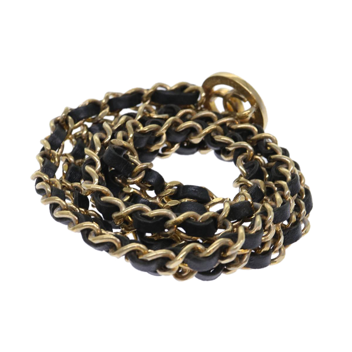 Chanel Chain Belt Metal Leather Gold Tone Black CC Auth arB