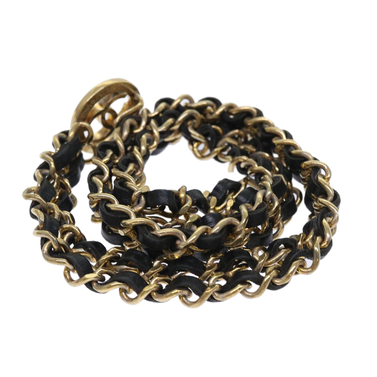 Chanel Chain Belt Metal Leather Gold Tone Black CC Auth arB