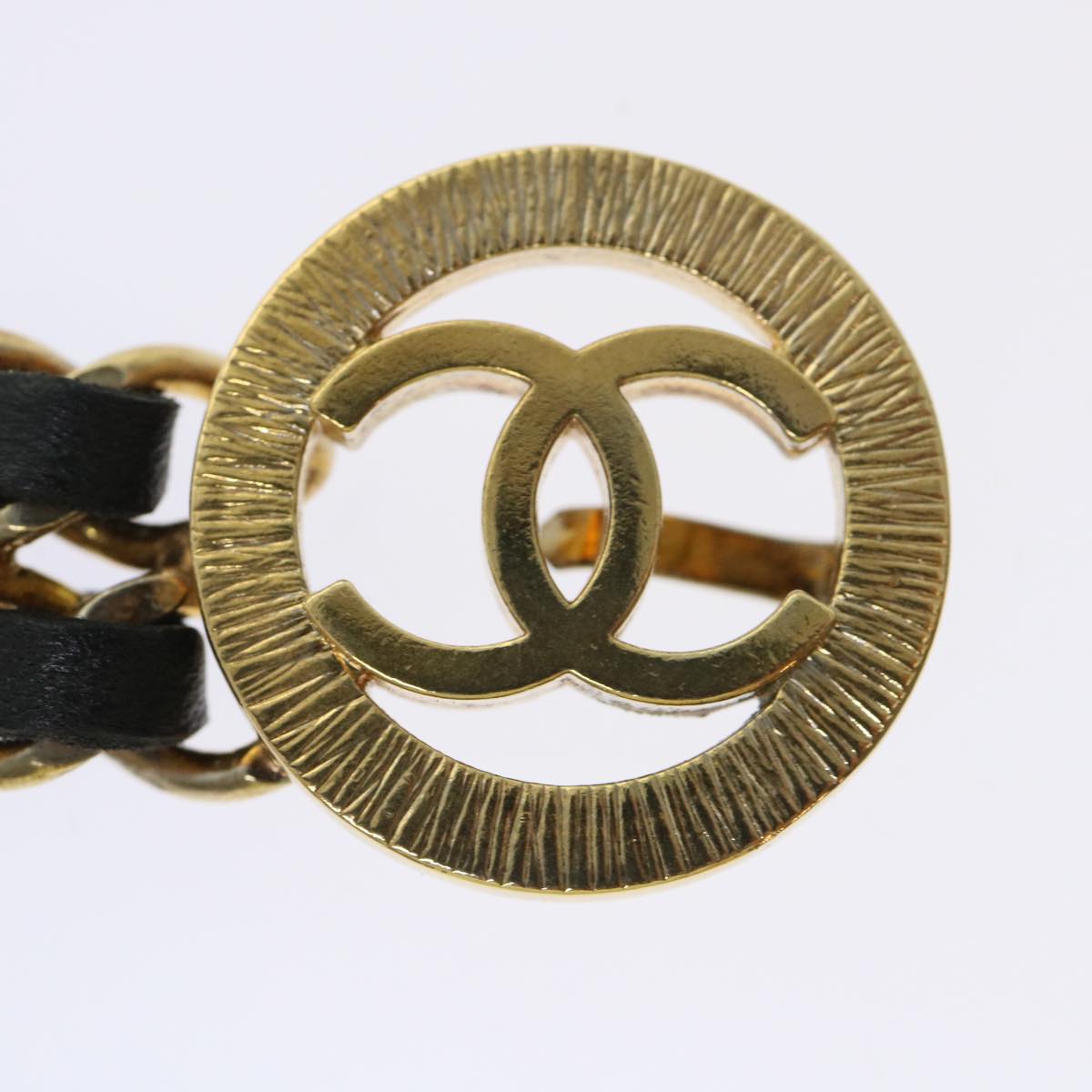 Chanel Chain Belt Metal Leather Gold Tone Black CC Auth arB