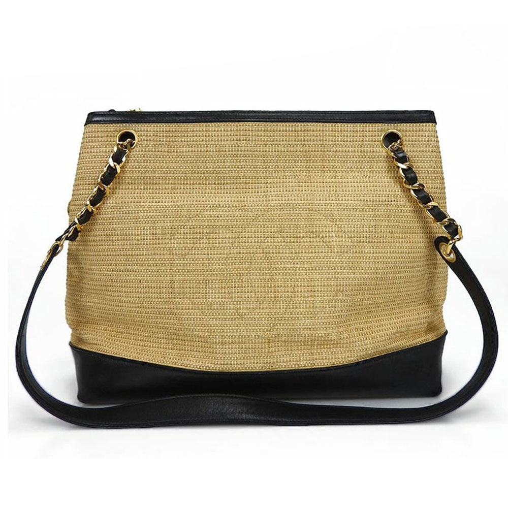 Chanel Straw type Beige Leather Tote Bag