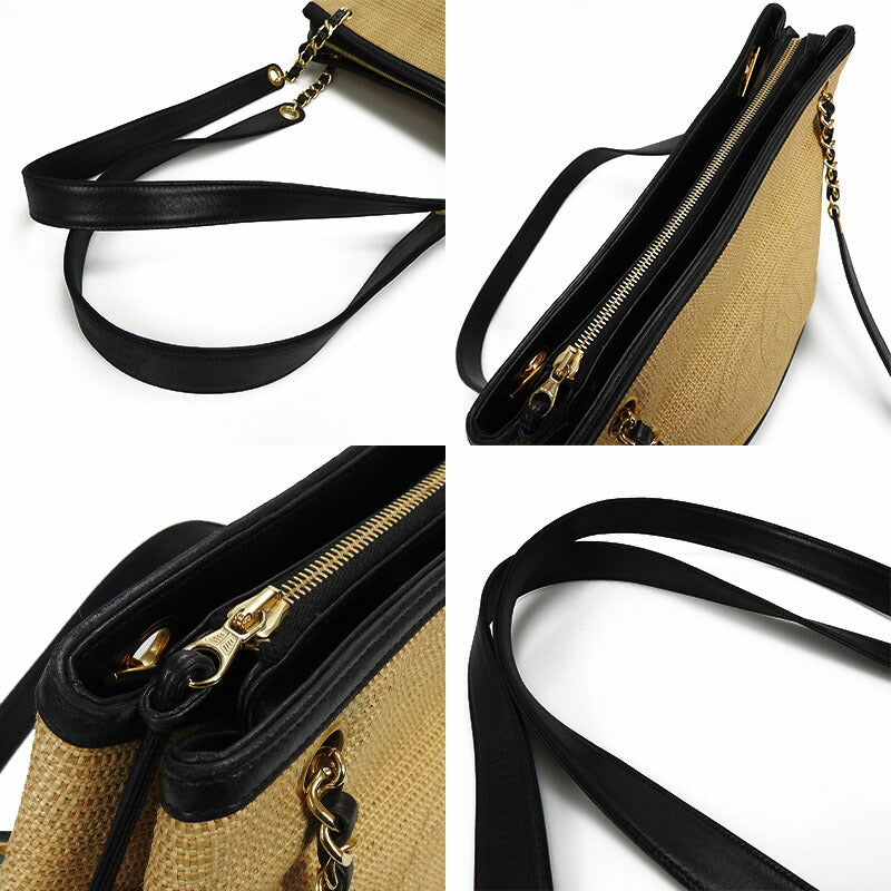 Chanel Straw type Beige Leather Tote Bag