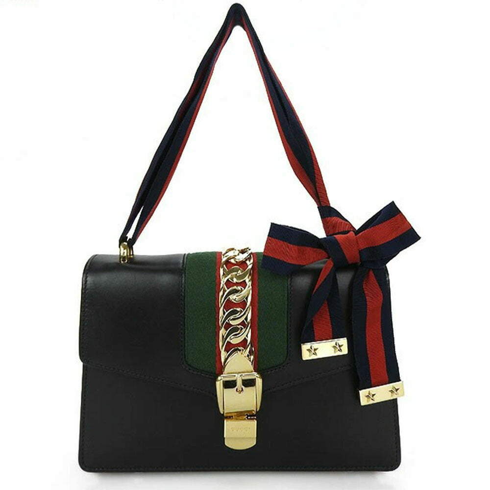 Gucci Web line Silvi Leather Black Small Shoulder Bag
