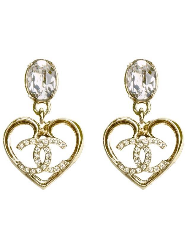 CC Logo Crystal Heart Drop Earrings Gold Chanel