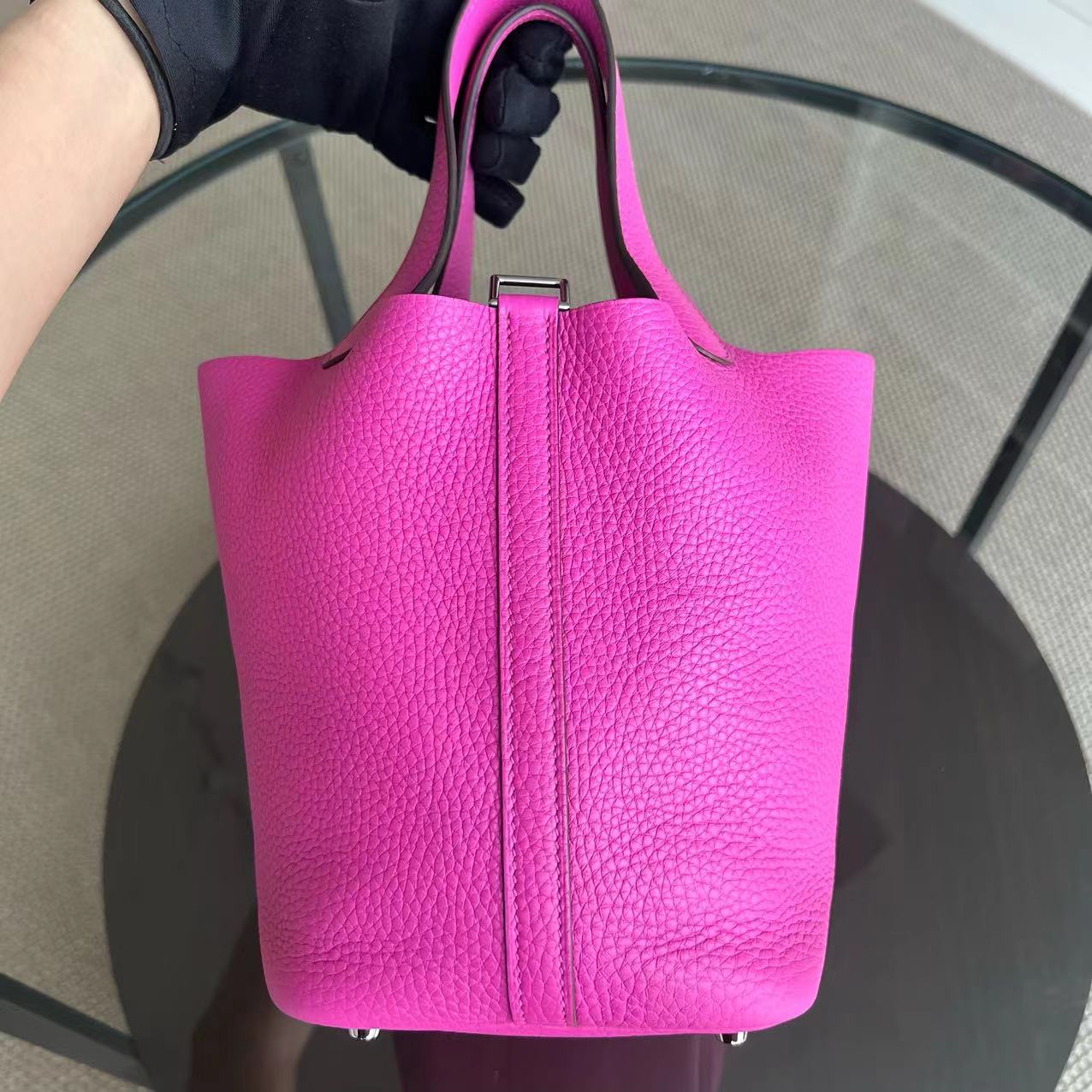 Hermes Picotin Clemence Stamp Hot Hardware Handbag Pink Silver Travel Bag