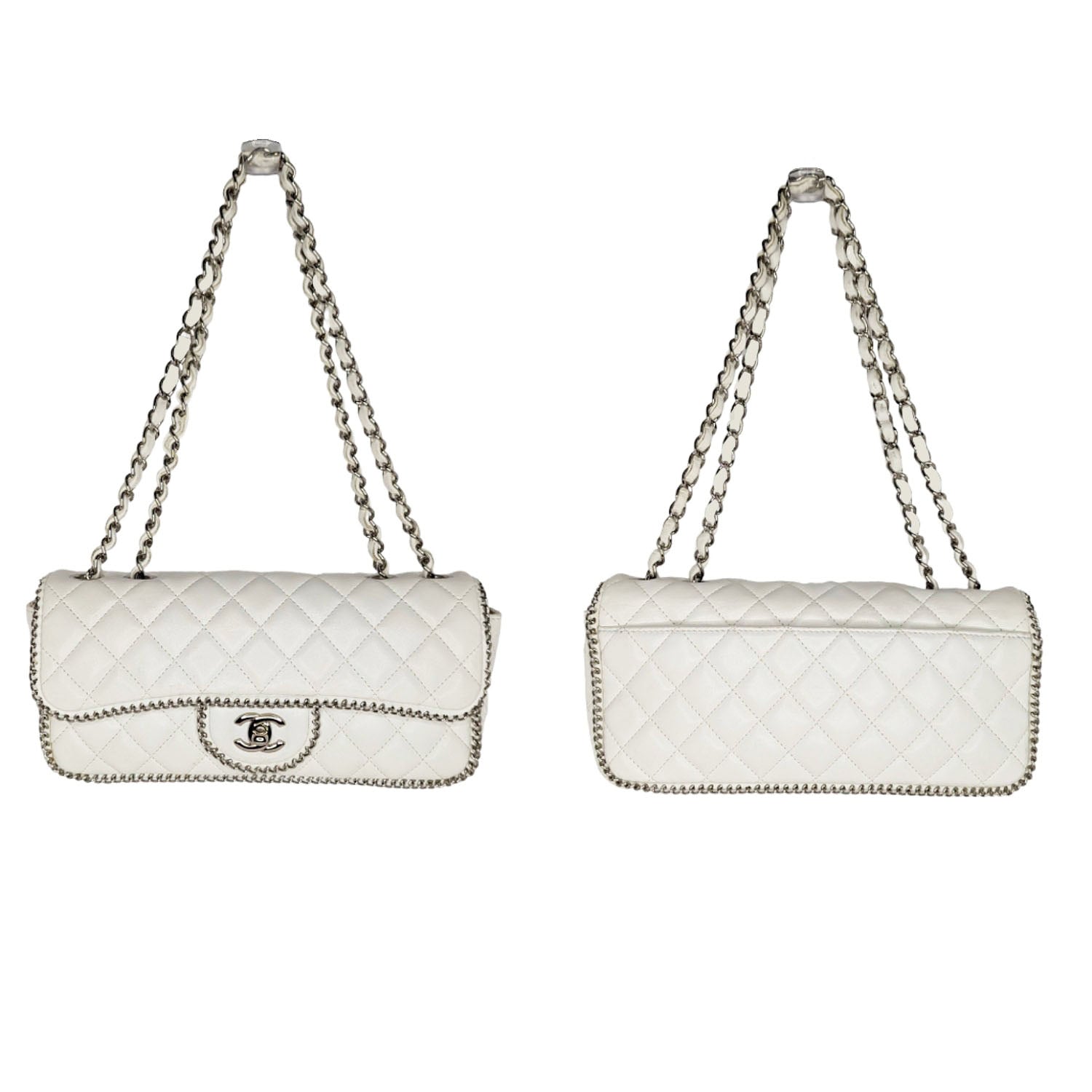 Chanel White Quilted Madison East West Chain Flap Handbag