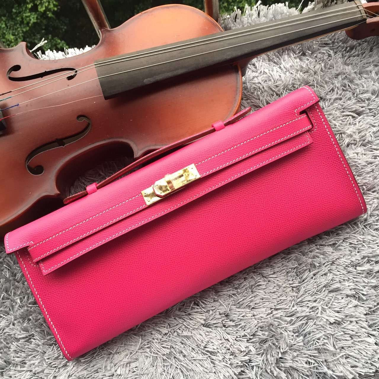 Hermes Luxury Rose Handcrafted Kelly Cut Clutch Handbag Red Clutch Bag