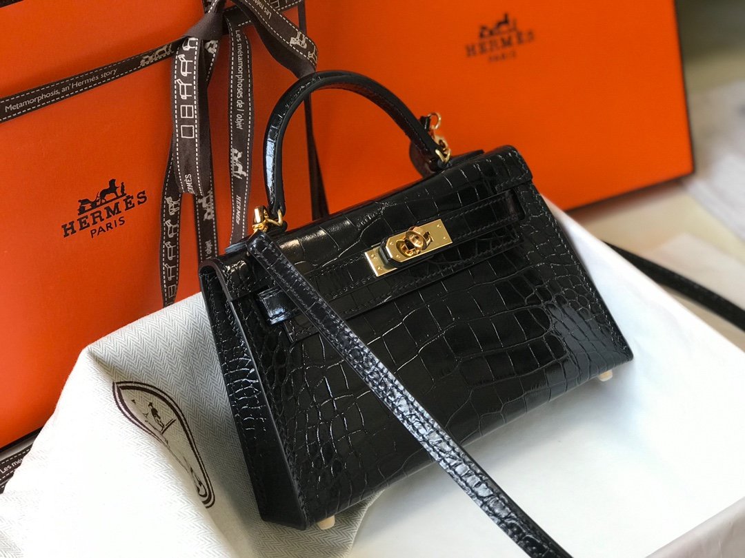 Top Quality Kelly Crocodile Bag For Women Black Mini Shoulder Bag