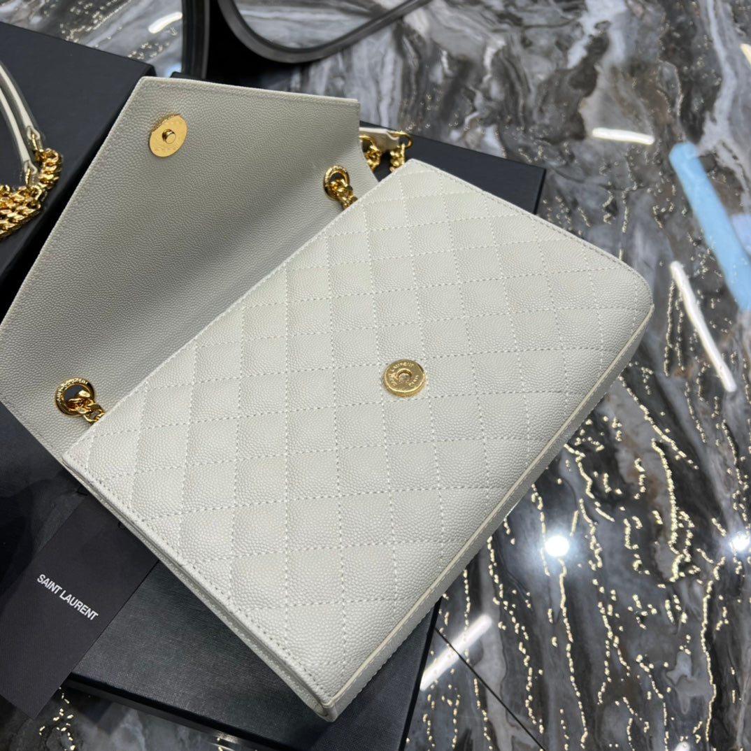 YSL Saint Laurent Envelope , ’s 9in 24cm White Medium Chain Handbag
