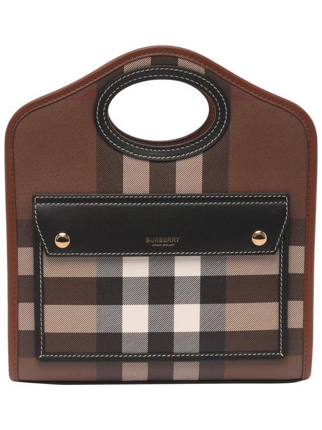 Burberry Luxury Pocket Checked Tote Bag Dark Burch Leather Brown Mini