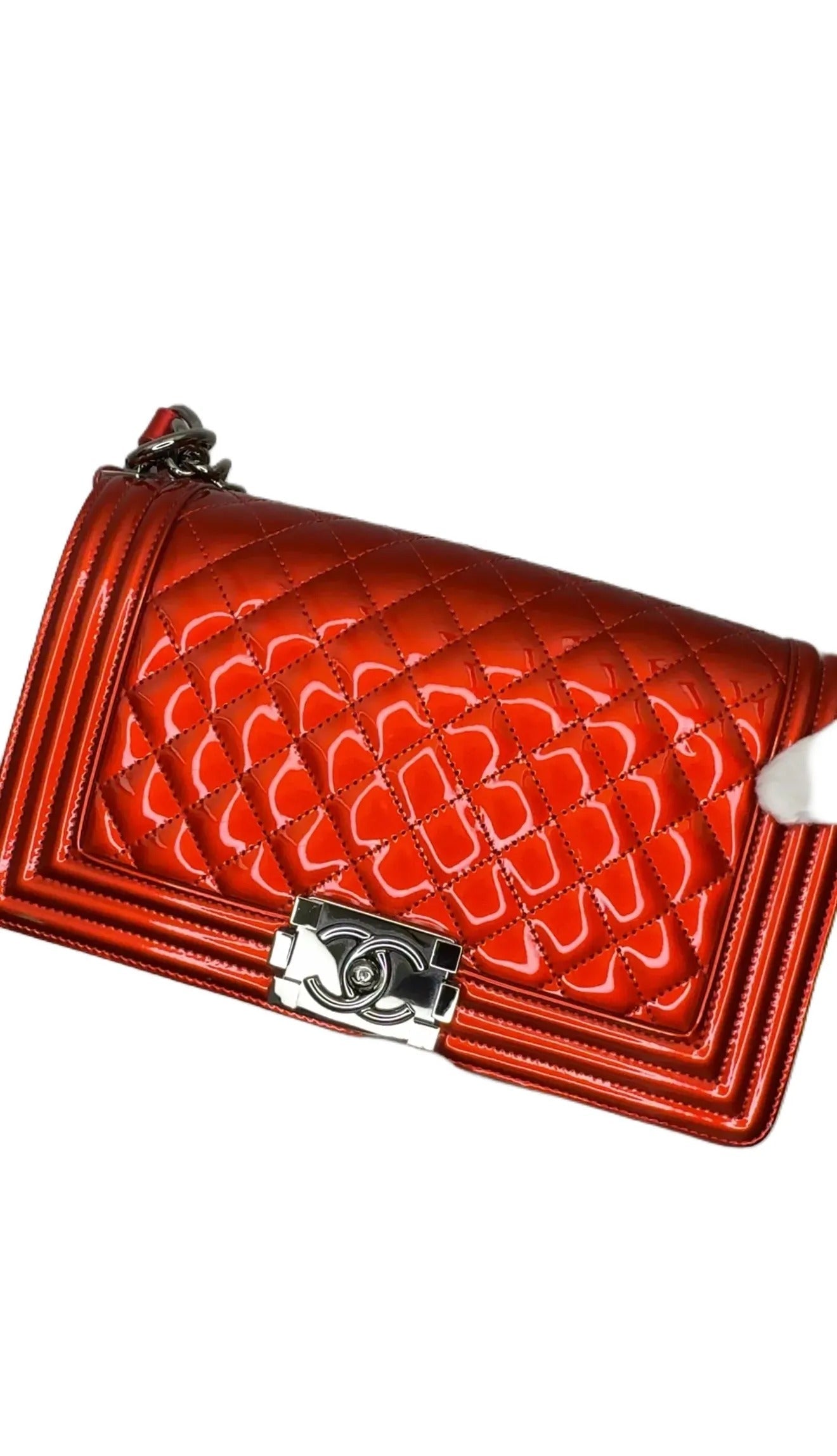 CHANEL Boy Flap Bag Quilted Patent New Medium Red B-