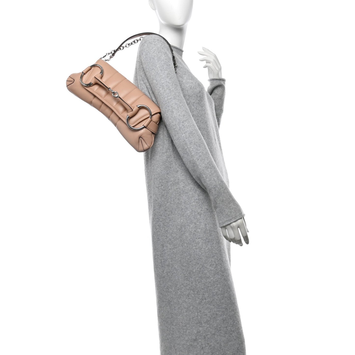 Gucci Nappa Vertical Matelasse Medium Maxi Horsebit Chain Shoulder Bag Rose Beige