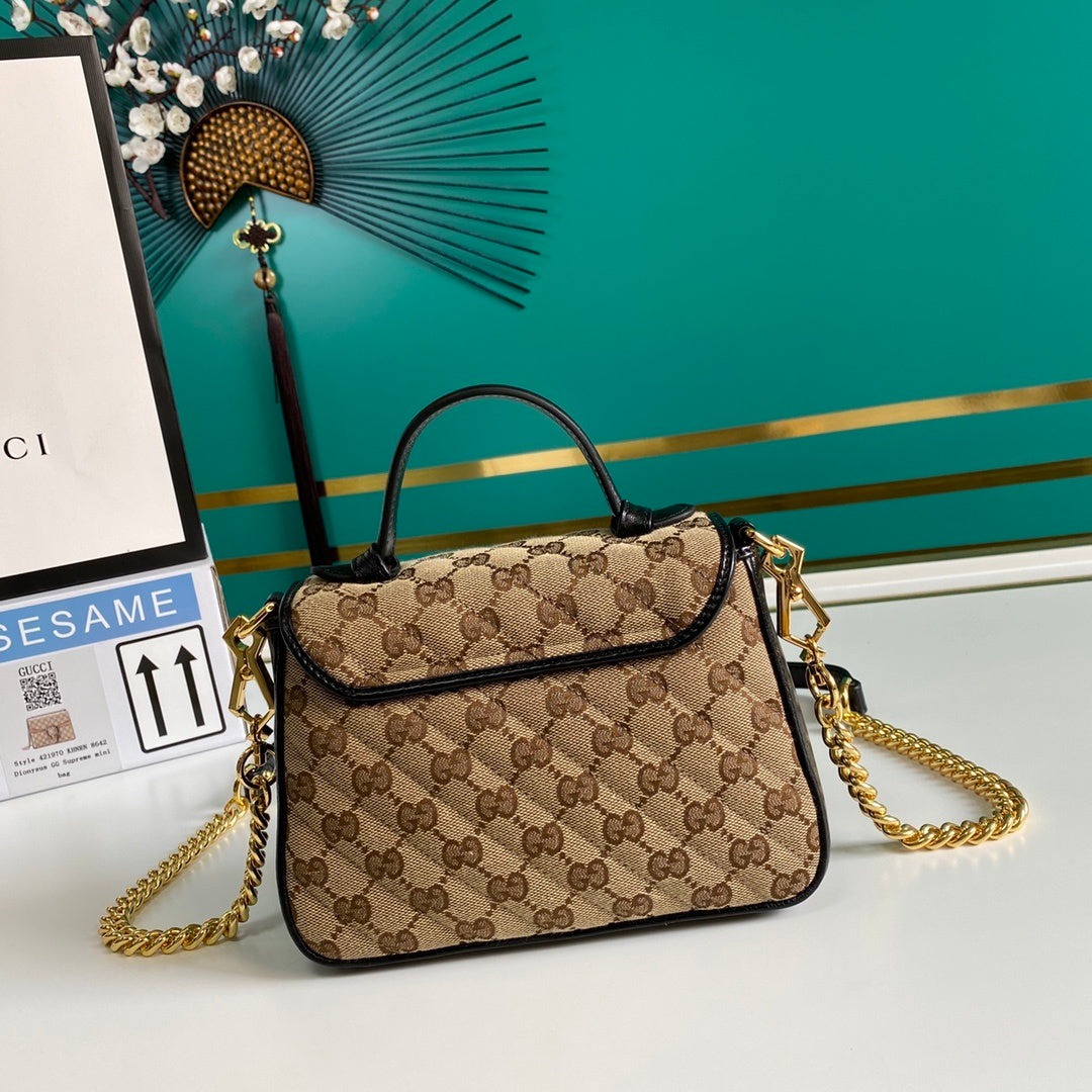gg Ladies gg Marmont Ebony Canvas Beige Mini Top Handle Mini Bag