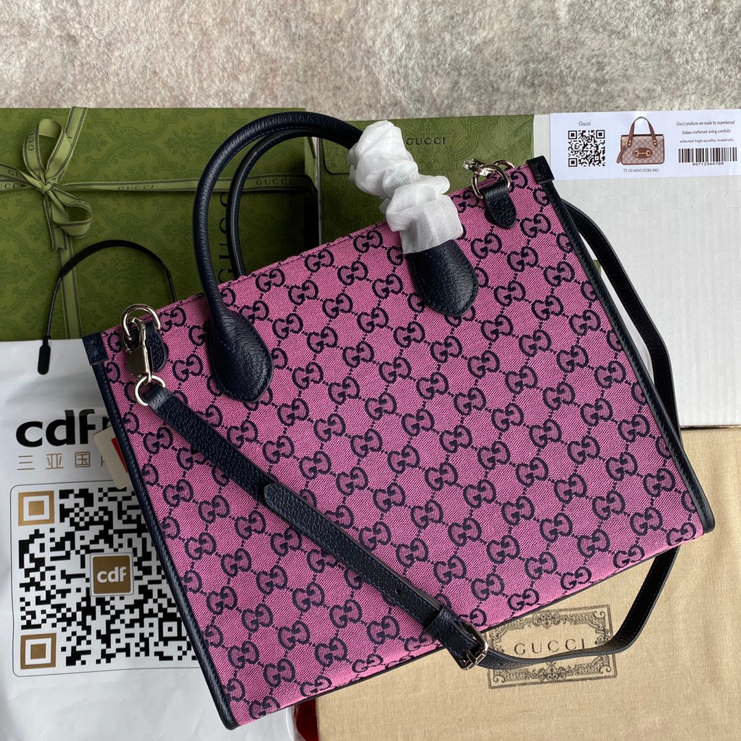 gg Interlocking G gg 12in Canvas Blue Pink Small Tote Bag
