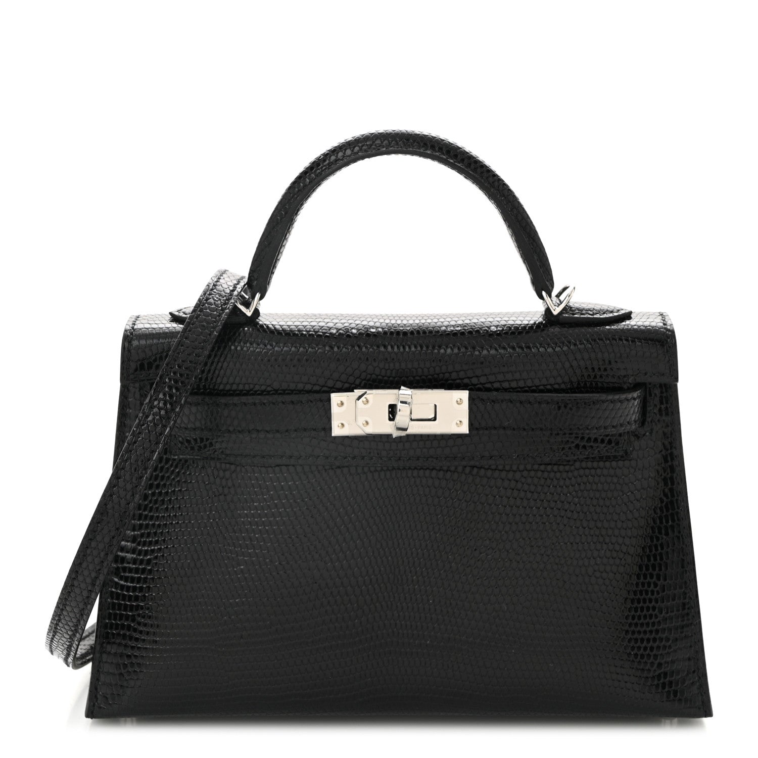 Hermes Shiny Lizard Kelly Sellier Handbag Black Mini Travel Bag