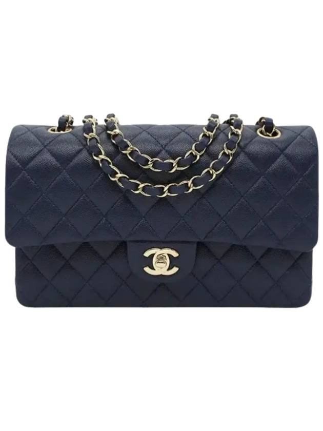 Classic Grained Calfskin Medium Shoulder Bag Navy Chanel