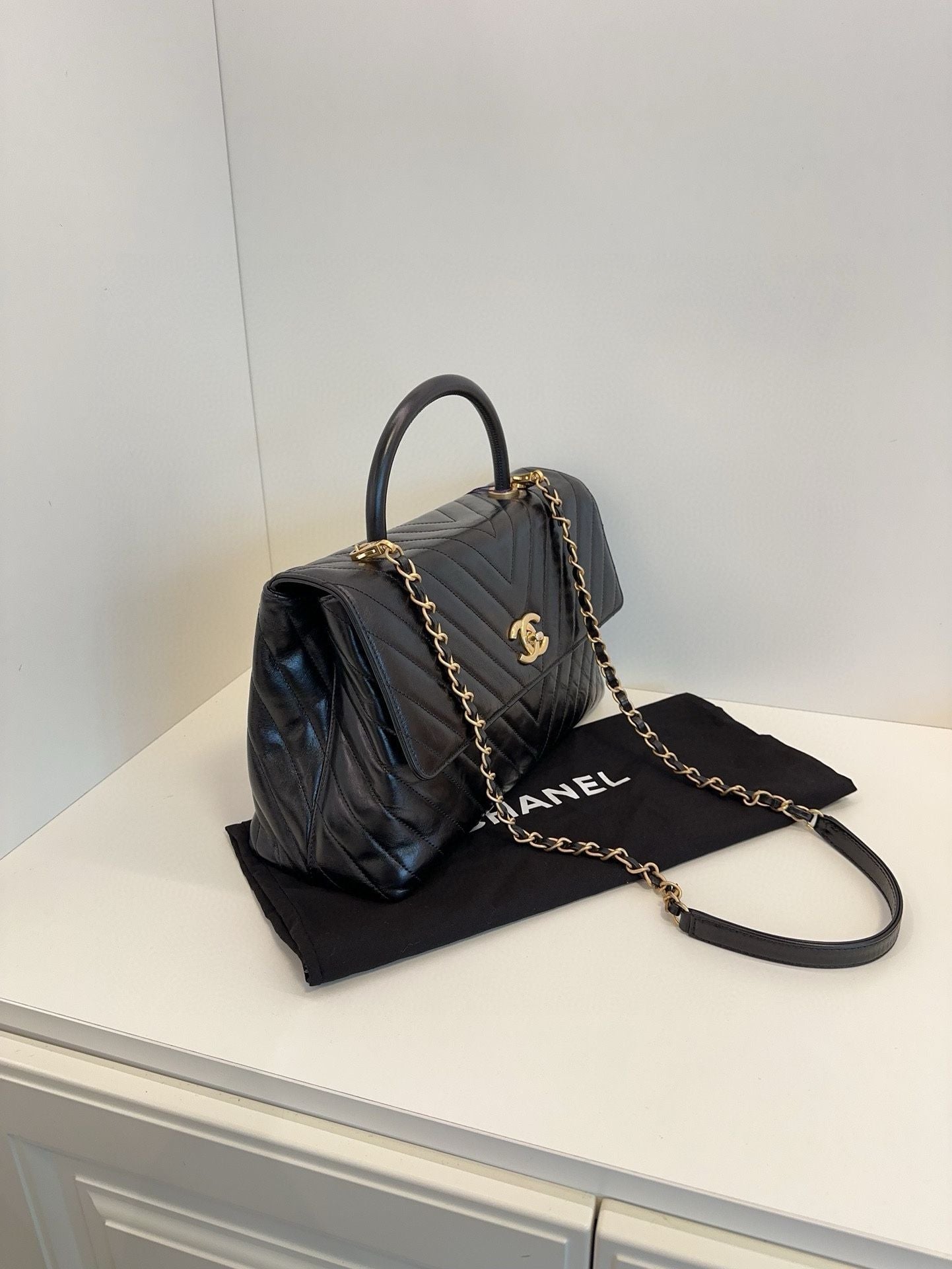 Chanel Coco handle large bag black oil wax leather